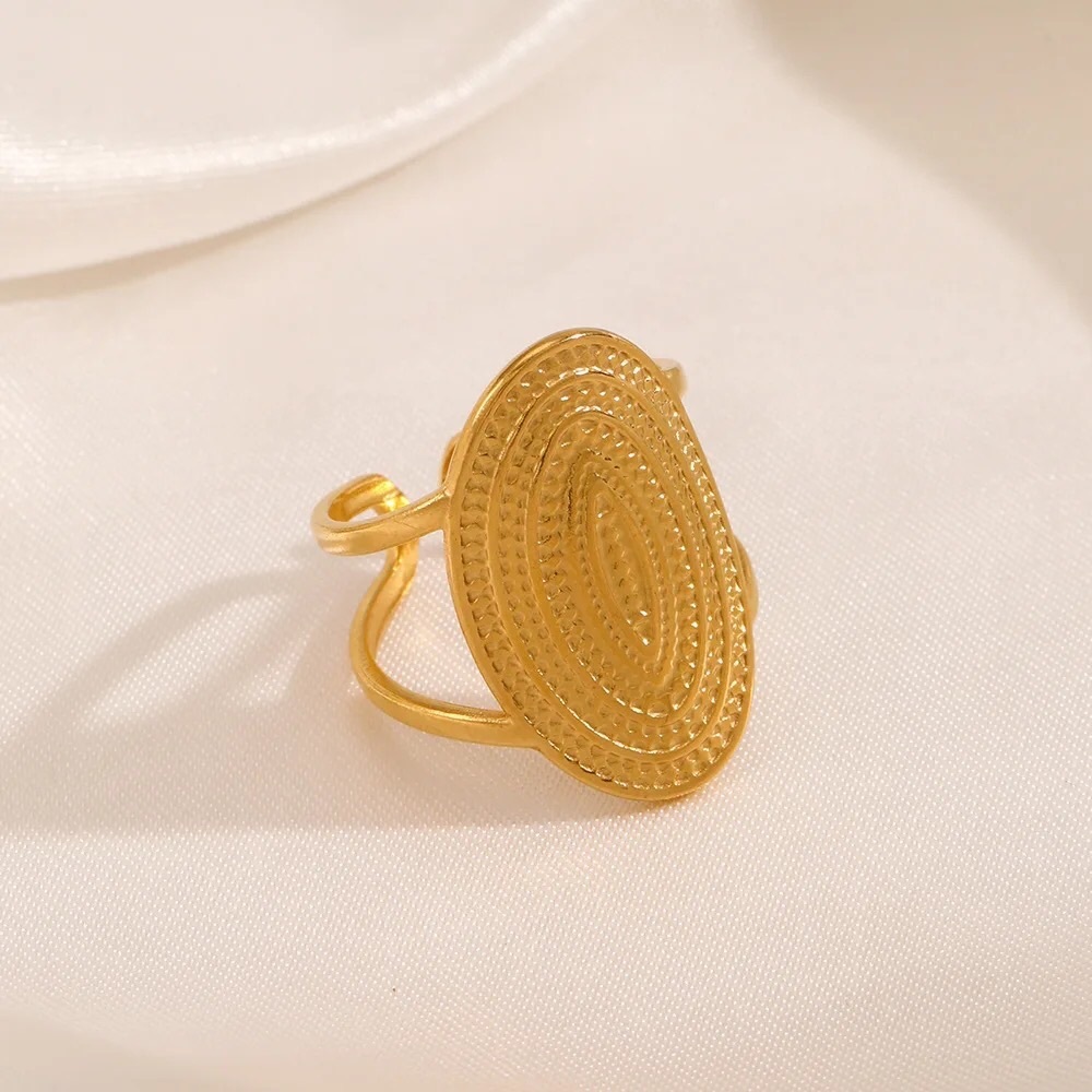 Oval chiseled stainless steel gilded with fine gold adjustable ring - Picture 2 of 5